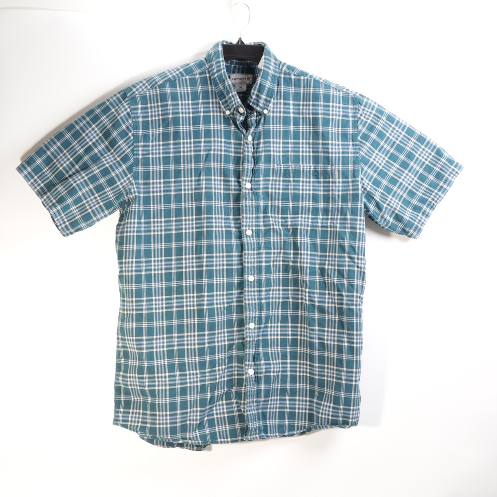 Carhartt Mens XL Teal Blue Plaid Short Sleeve Button Down Cotton Work Shirt